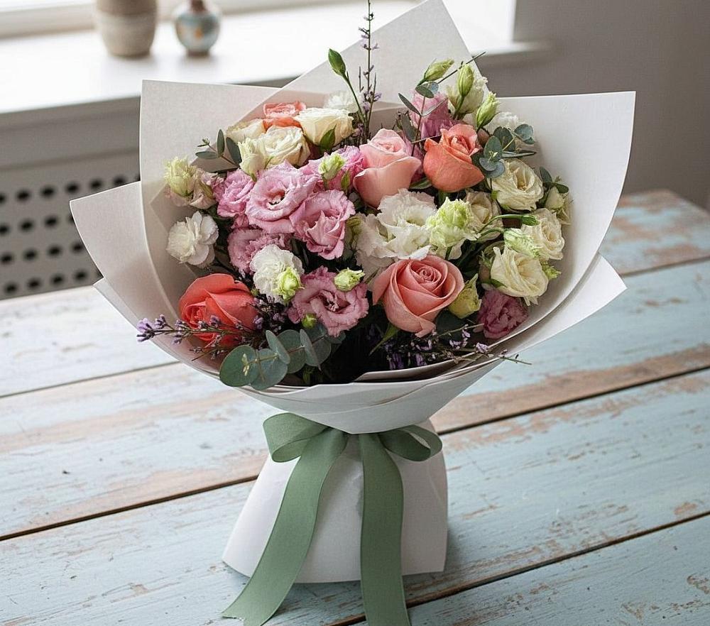 Букет цветов из: Розы, Лизиантусы и Гвоздики в Жучки