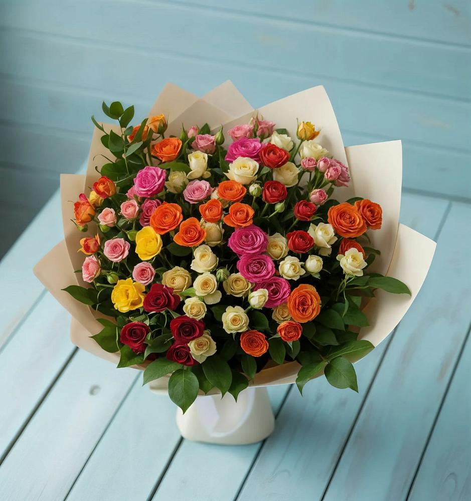 Букет Микс из разноцветных кустовых роз в Жучки