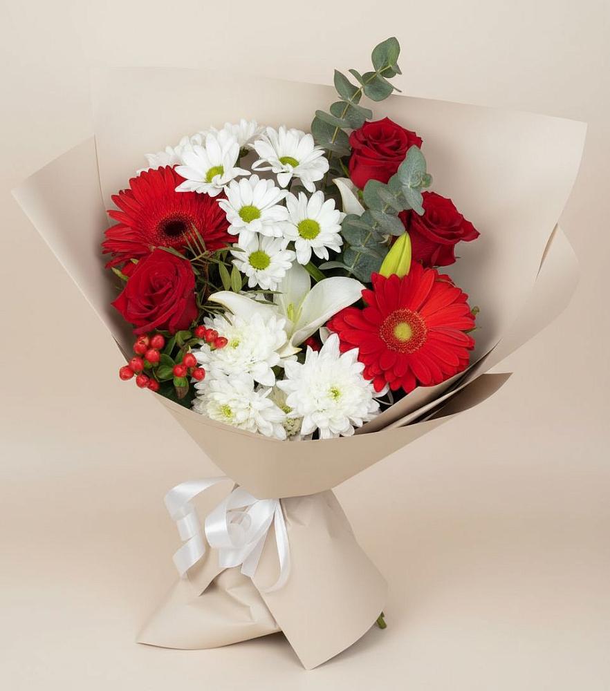 Букет цветов из: Розы, Хризантемы, Герберы и Лилии в Жучки