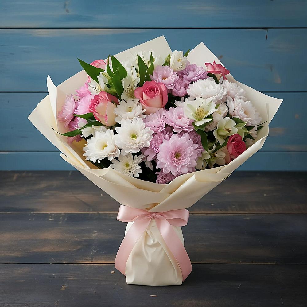 Букет цветов из: Хризантемы, Альстромерии и Розы в Жучки